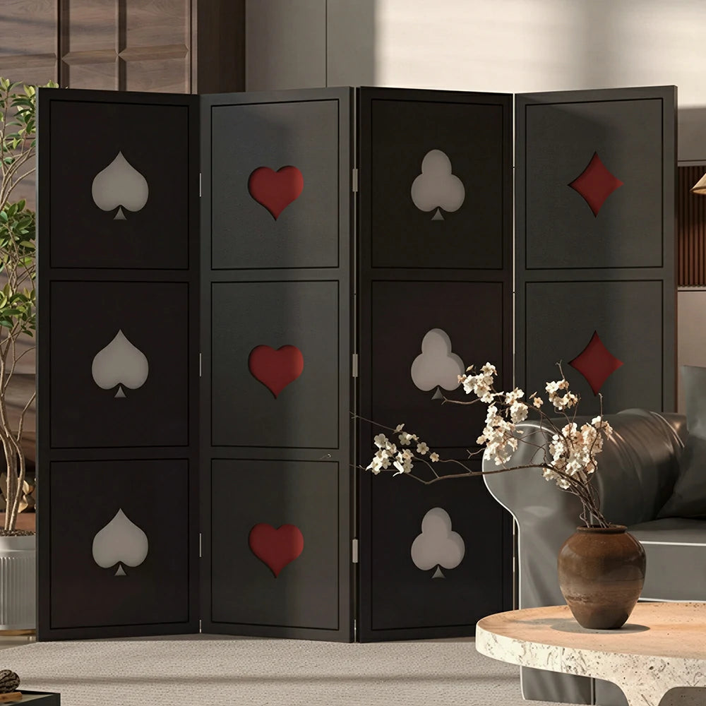 LIVARA 4 Panel Decorative Folding Screen Poker Pattern Design Room Divider Privacy Partition for Living Room Bedroom Office - Black