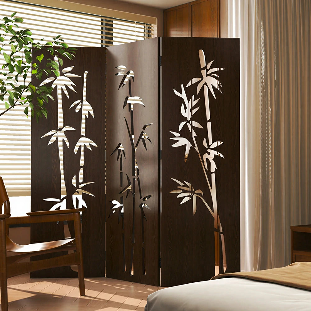 LIVARA 3 Panel Decorative Folding Screen Bamboo Cutout Design Room Divider Privacy Partition for Living Room Bedroom Office - Dark Brown
