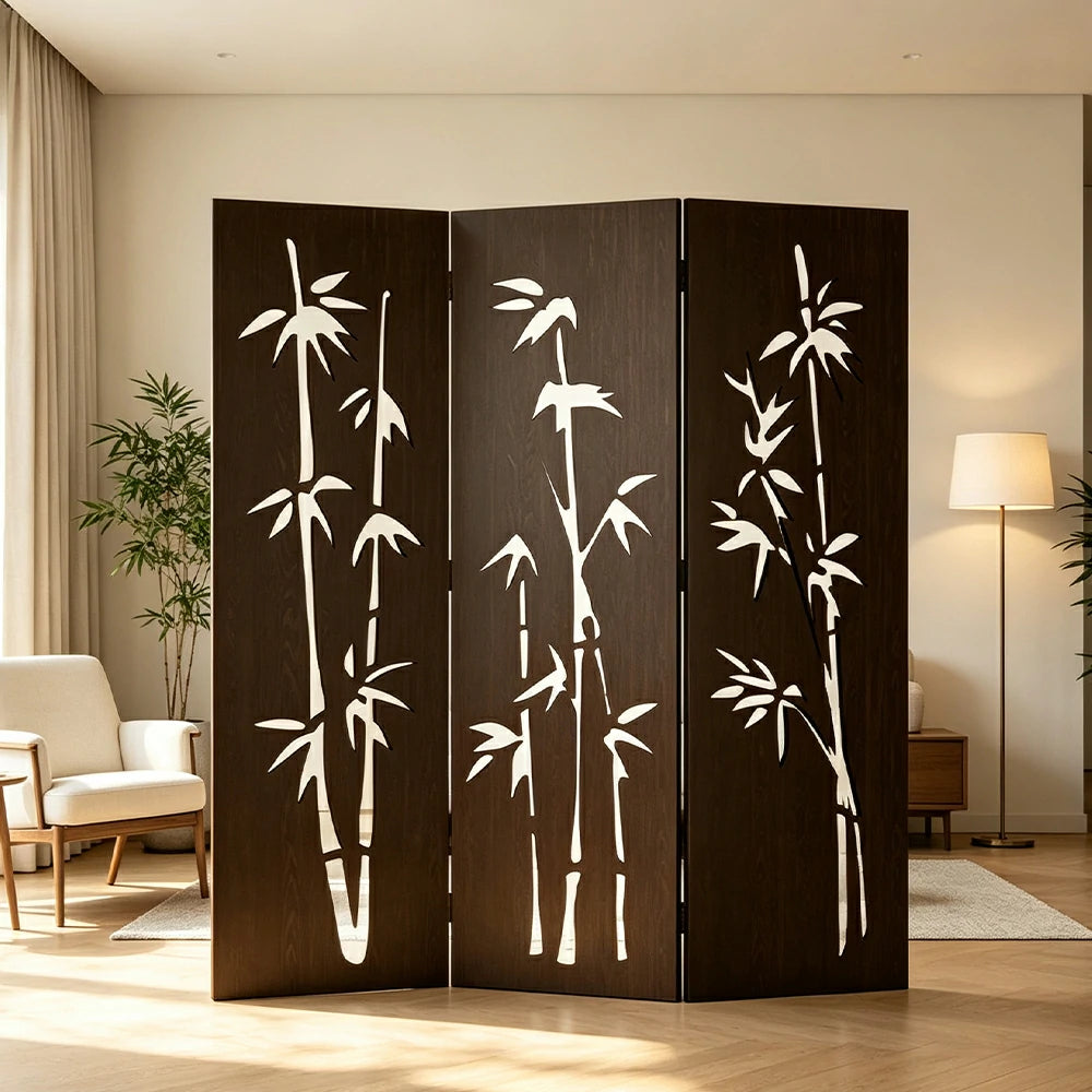 LIVARA 3 Panel Decorative Folding Screen Bamboo Cutout Design Room Divider Privacy Partition for Living Room Bedroom Office - Dark Brown