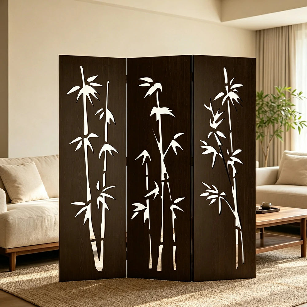 LIVARA 3 Panel Decorative Folding Screen Bamboo Cutout Design Room Divider Privacy Partition for Living Room Bedroom Office - Dark Brown