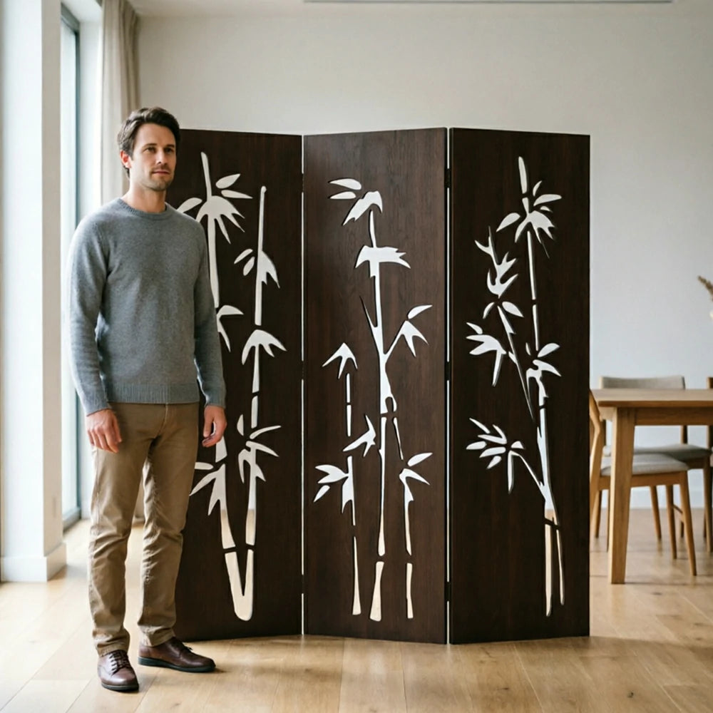 LIVARA 3 Panel Decorative Folding Screen Bamboo Cutout Design Room Divider Privacy Partition for Living Room Bedroom Office - Dark Brown