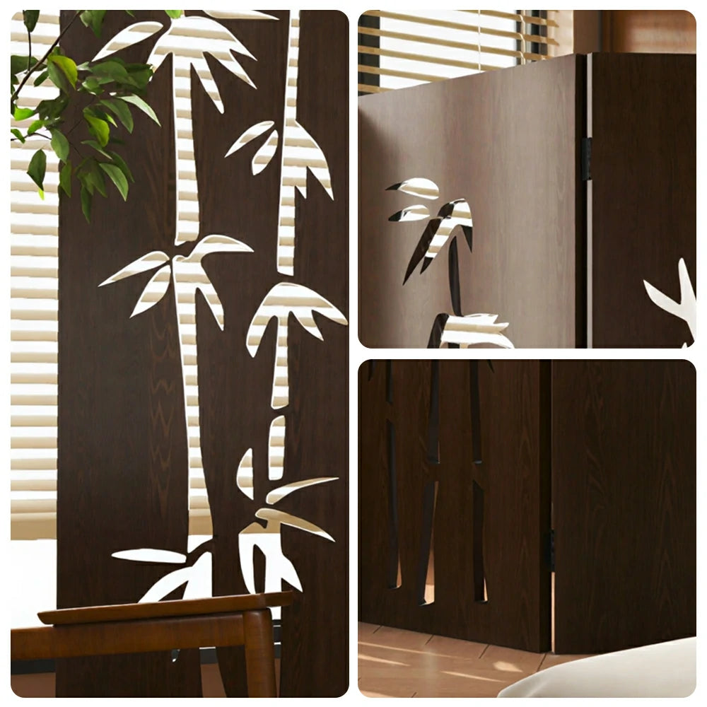 LIVARA 3 Panel Decorative Folding Screen Bamboo Cutout Design Room Divider Privacy Partition for Living Room Bedroom Office - Dark Brown