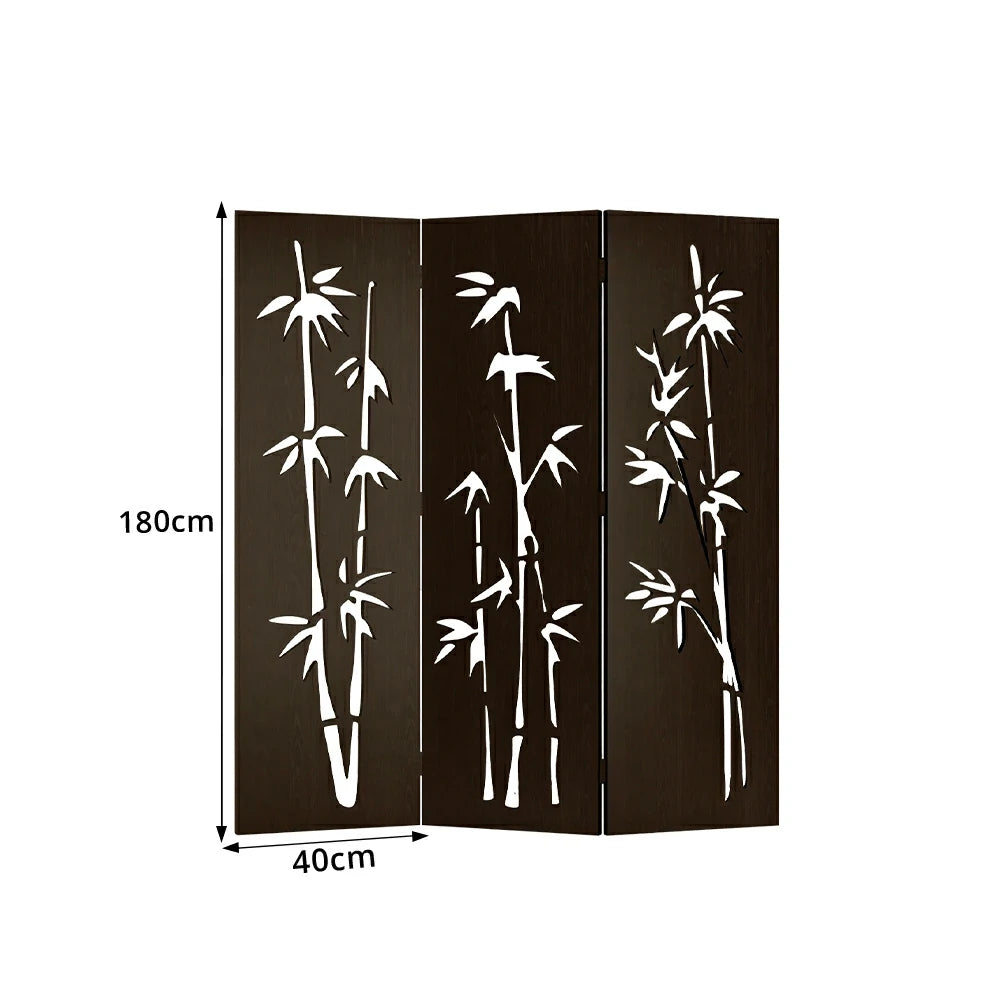 LIVARA 3 Panel Decorative Folding Screen Bamboo Cutout Design Room Divider Privacy Partition for Living Room Bedroom Office - Dark Brown
