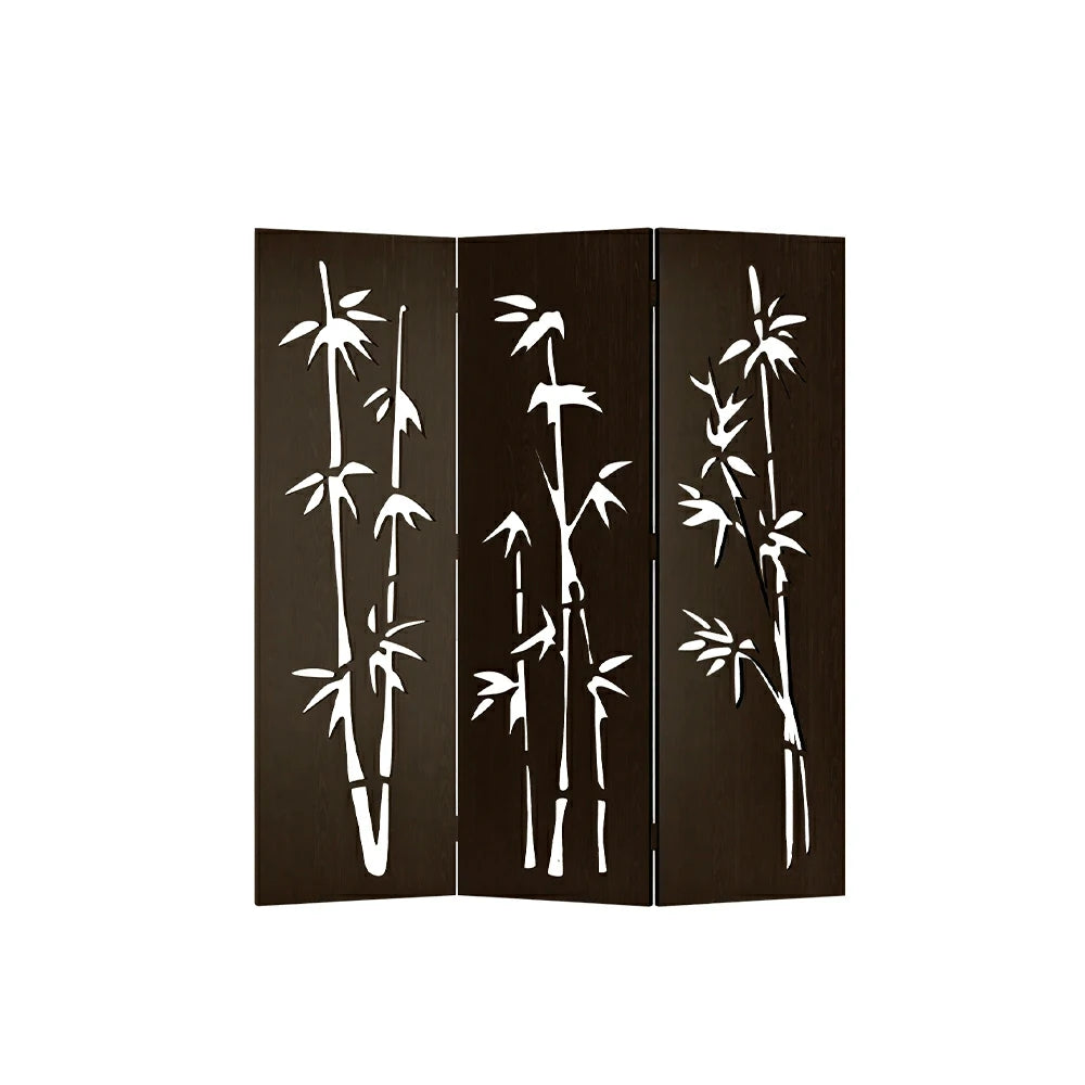 LIVARA 3 Panel Decorative Folding Screen Bamboo Cutout Design Room Divider Privacy Partition for Living Room Bedroom Office - Dark Brown