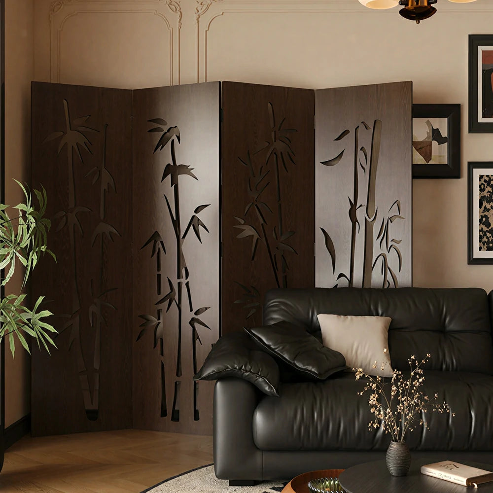 LIVARA 4 Panel Decorative Folding Screen Bamboo Cutout Design Room Divider Privacy Partition Oriental Style for Living Room Bedroom - Dark Brown