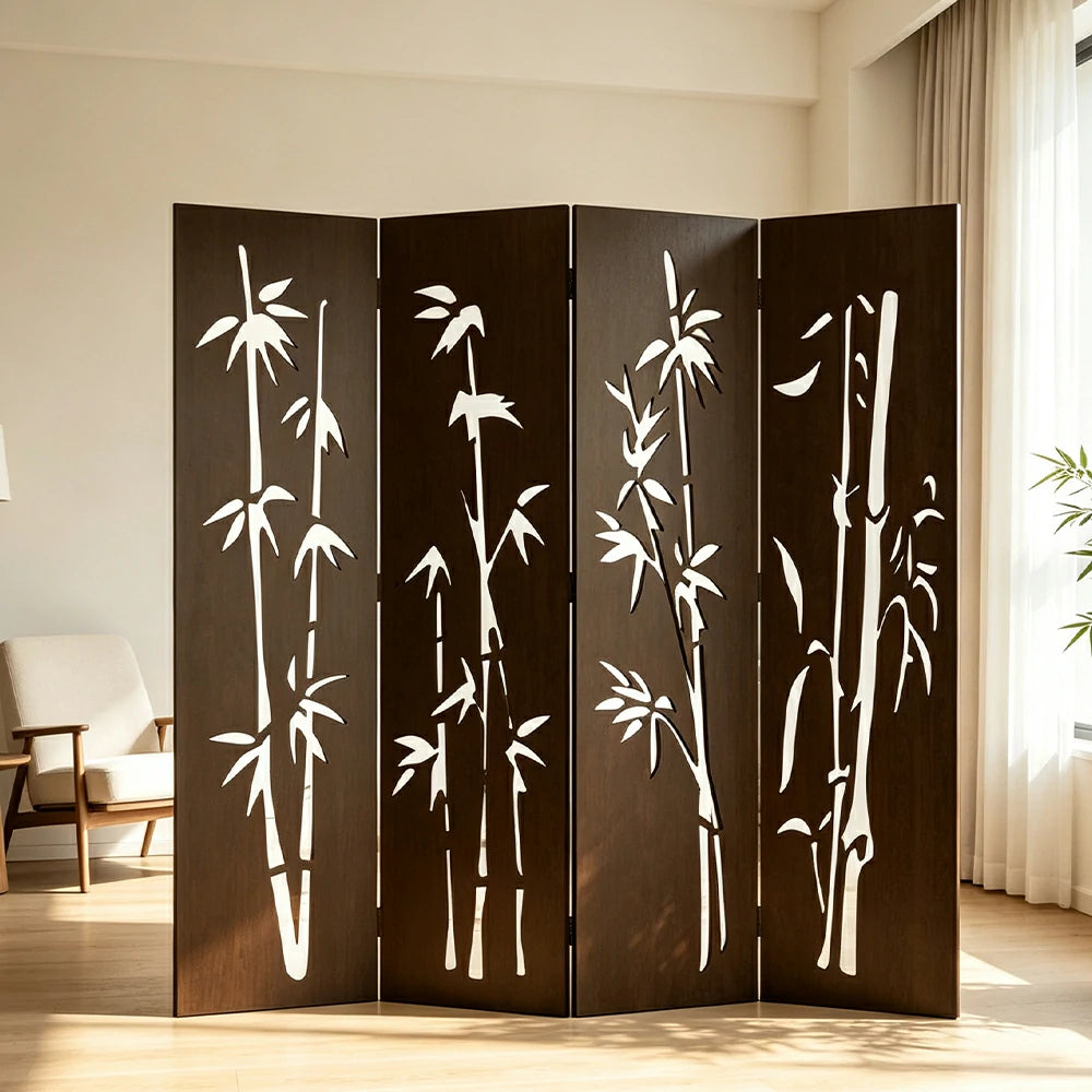 LIVARA 4 Panel Decorative Folding Screen Bamboo Cutout Design Room Divider Privacy Partition Oriental Style for Living Room Bedroom - Dark Brown