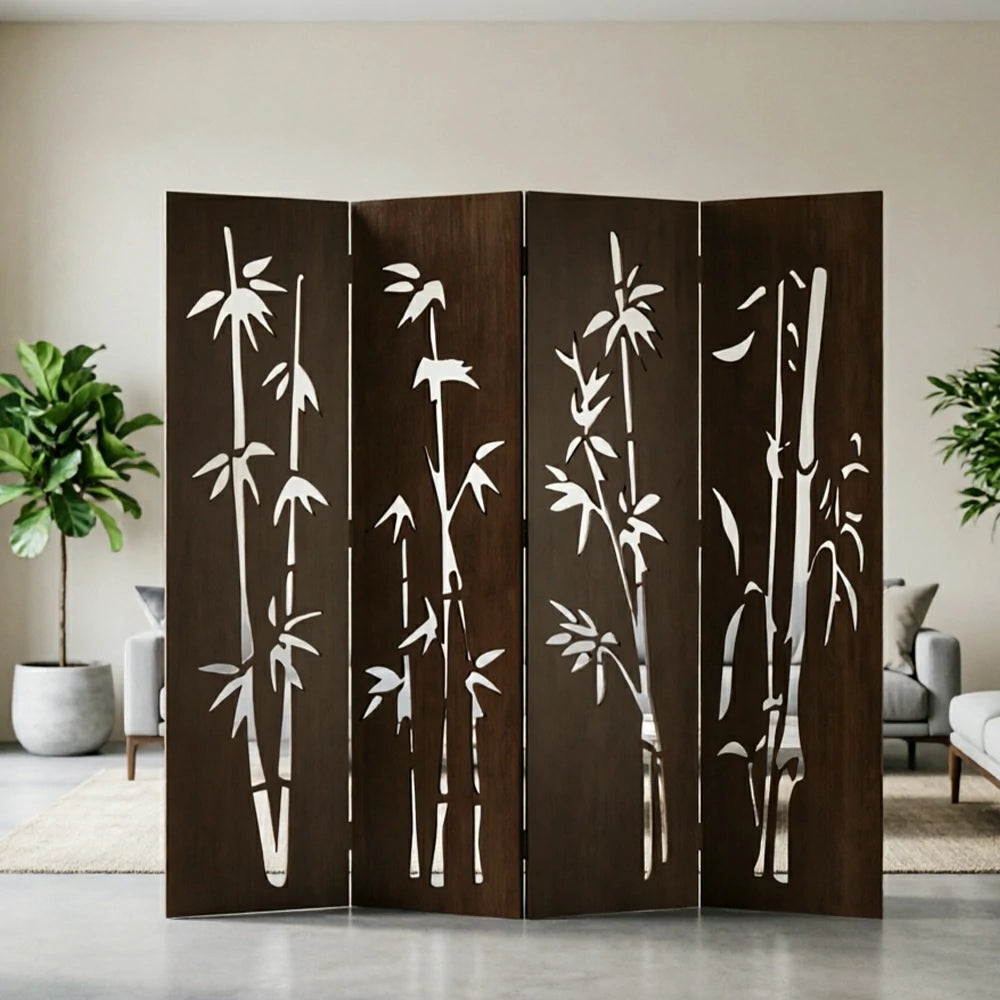 LIVARA 4 Panel Decorative Folding Screen Bamboo Cutout Design Room Divider Privacy Partition Oriental Style for Living Room Bedroom - Dark Brown