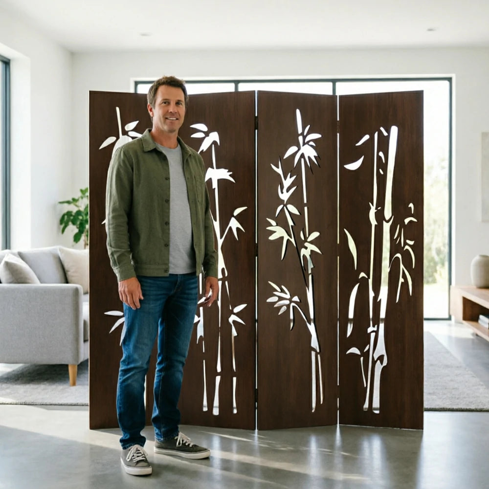 LIVARA 4 Panel Decorative Folding Screen Bamboo Cutout Design Room Divider Privacy Partition Oriental Style for Living Room Bedroom - Dark Brown