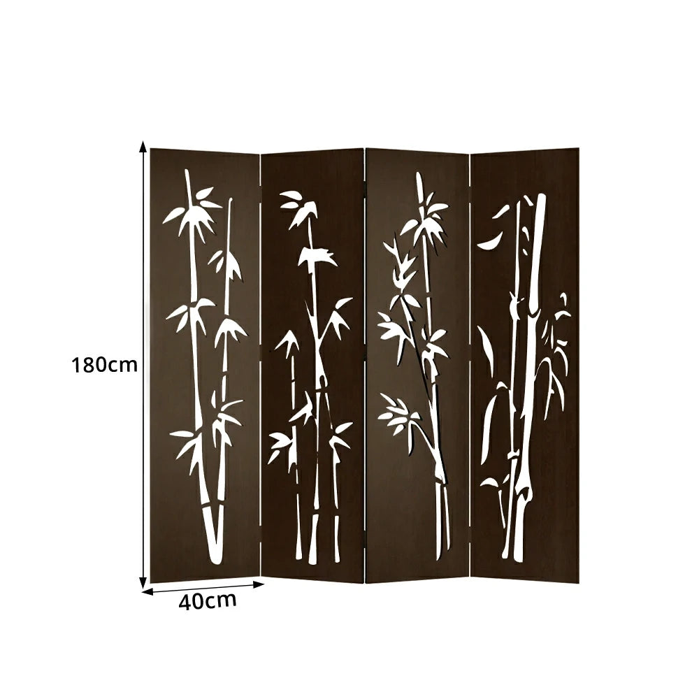 LIVARA 4 Panel Decorative Folding Screen Bamboo Cutout Design Room Divider Privacy Partition Oriental Style for Living Room Bedroom - Dark Brown