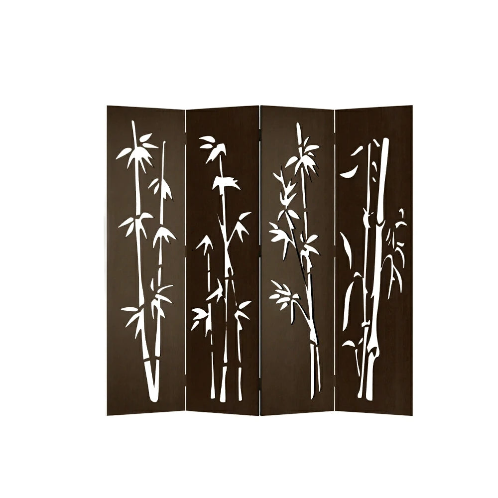 LIVARA 4 Panel Decorative Folding Screen Bamboo Cutout Design Room Divider Privacy Partition Oriental Style for Living Room Bedroom - Dark Brown