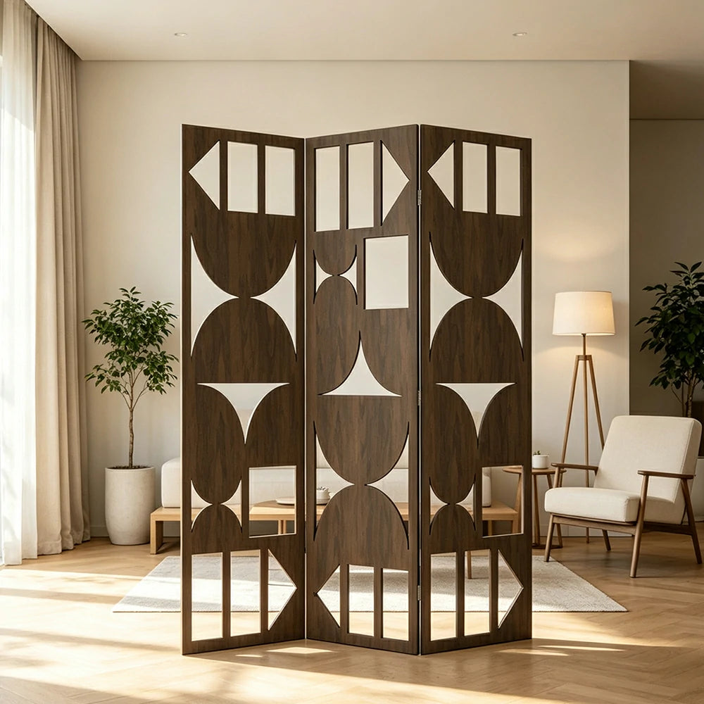 LIVARA 3 Panel Decorative Folding Screen Geometric Cutout Design Room Divider Privacy Partition Modern Style for Living Room Bedroom - Walnut