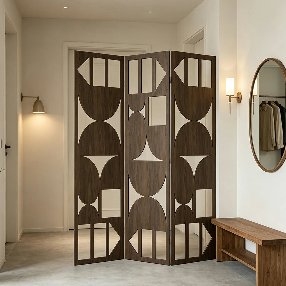LIVARA 3 Panel Decorative Folding Screen Geometric Cutout Design Room Divider Privacy Partition Modern Style for Living Room Bedroom - Walnut