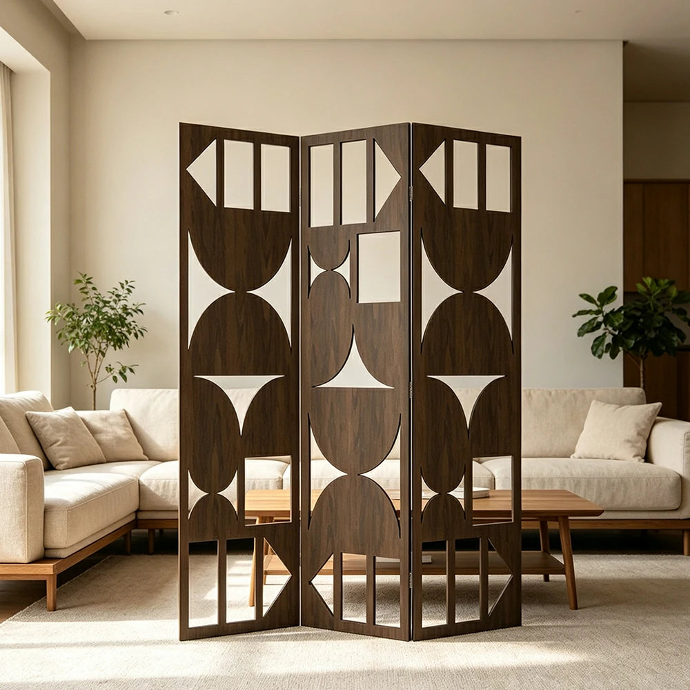 LIVARA 3 Panel Decorative Folding Screen Geometric Cutout Design Room Divider Privacy Partition Modern Style for Living Room Bedroom - Walnut