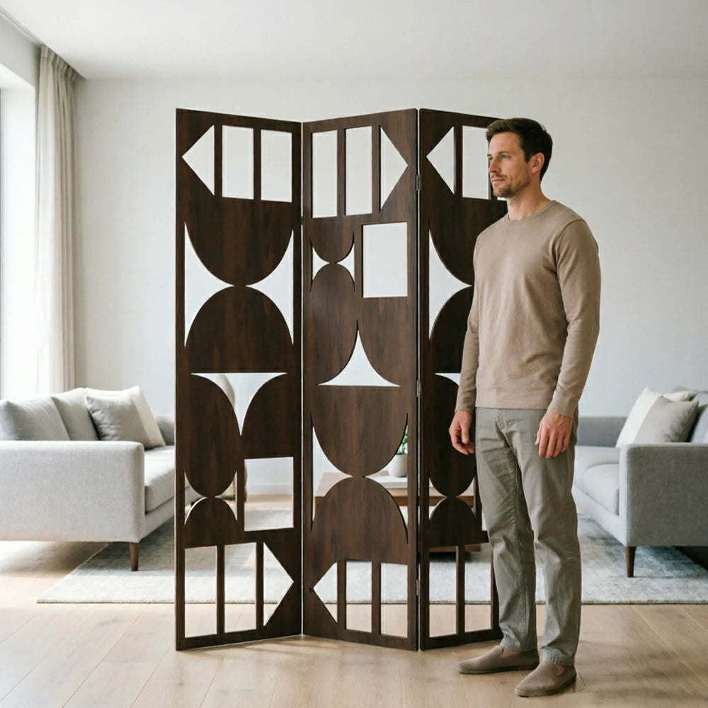 LIVARA 3 Panel Decorative Folding Screen Geometric Cutout Design Room Divider Privacy Partition Modern Style for Living Room Bedroom - Walnut