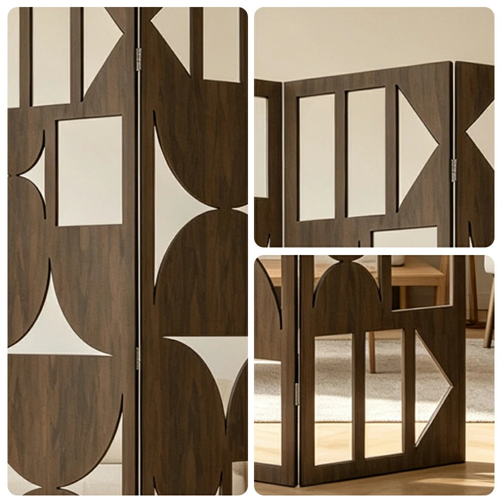 LIVARA 3 Panel Decorative Folding Screen Geometric Cutout Design Room Divider Privacy Partition Modern Style for Living Room Bedroom - Walnut