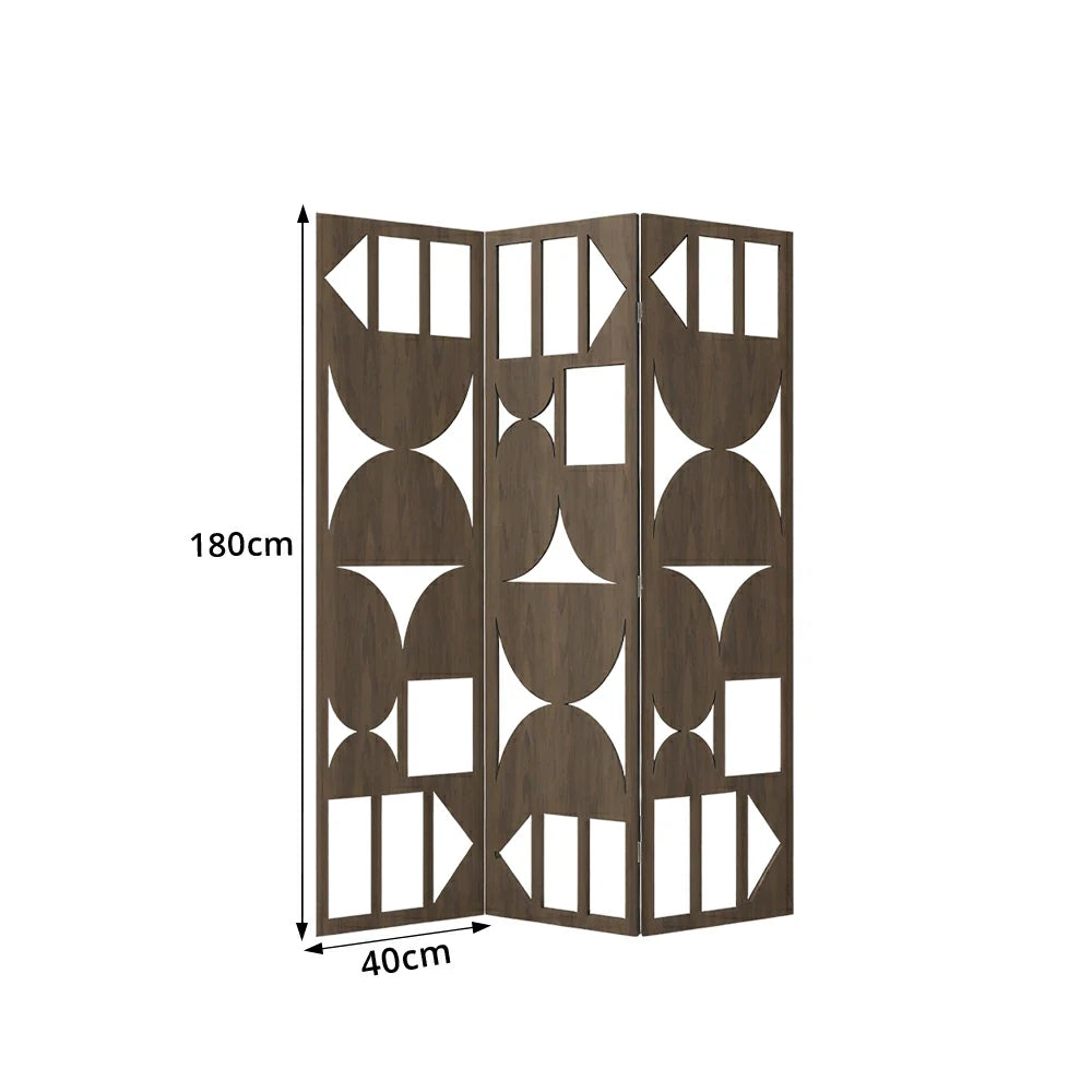LIVARA 3 Panel Decorative Folding Screen Geometric Cutout Design Room Divider Privacy Partition Modern Style for Living Room Bedroom - Walnut