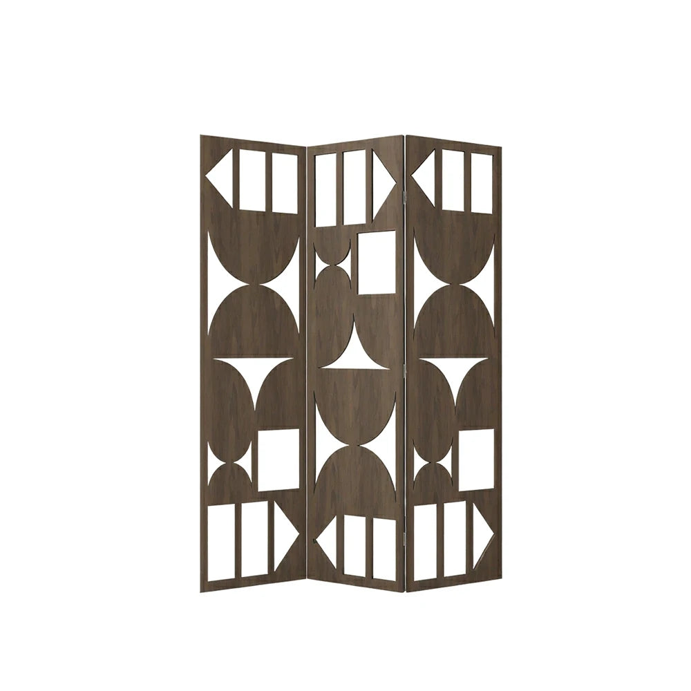 LIVARA 3 Panel Decorative Folding Screen Geometric Cutout Design Room Divider Privacy Partition Modern Style for Living Room Bedroom - Walnut