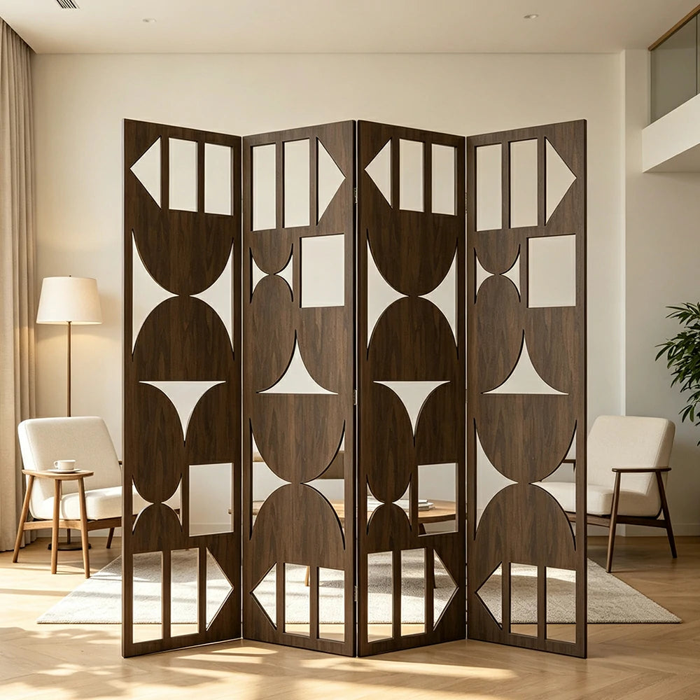 LIVARA 4 Panel Decorative Folding Screen Geometric Cutout Design Room Divider Privacy Partition Modern Style for Living Room Bedroom - Walnut