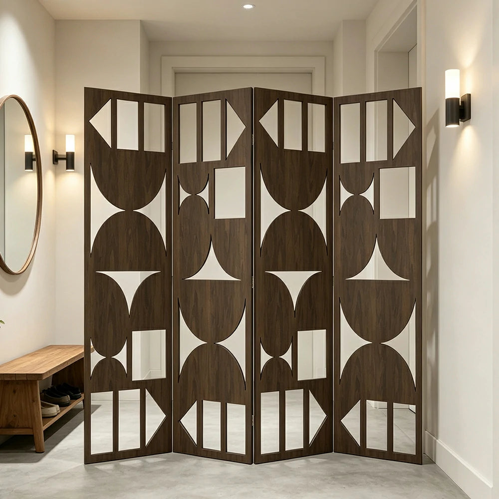 LIVARA 4 Panel Decorative Folding Screen Geometric Cutout Design Room Divider Privacy Partition Modern Style for Living Room Bedroom - Walnut