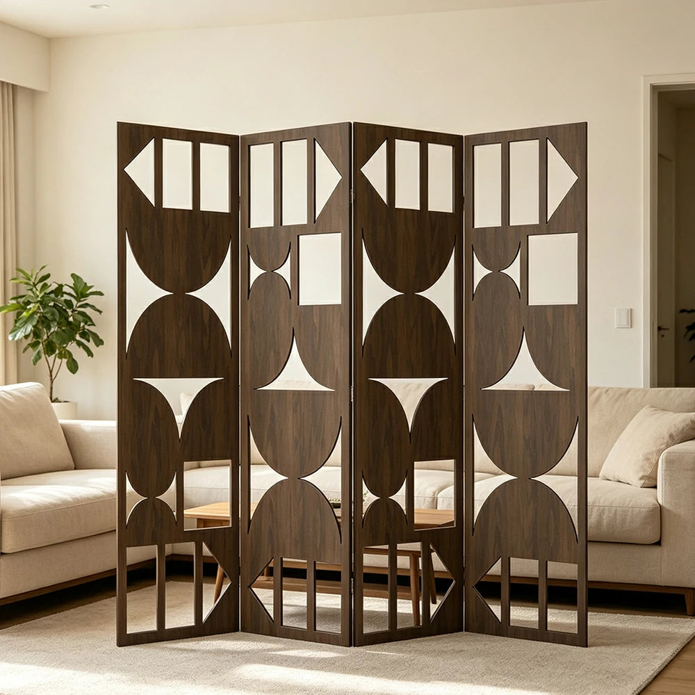 LIVARA 4 Panel Decorative Folding Screen Geometric Cutout Design Room Divider Privacy Partition Modern Style for Living Room Bedroom - Walnut
