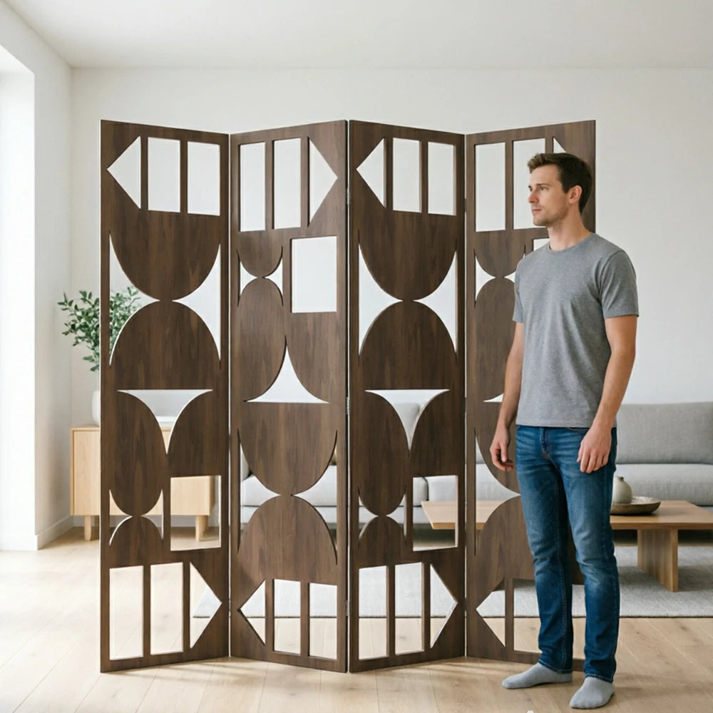 LIVARA 4 Panel Decorative Folding Screen Geometric Cutout Design Room Divider Privacy Partition Modern Style for Living Room Bedroom - Walnut