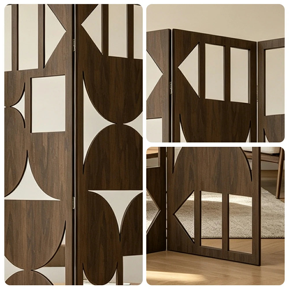 LIVARA 4 Panel Decorative Folding Screen Geometric Cutout Design Room Divider Privacy Partition Modern Style for Living Room Bedroom - Walnut