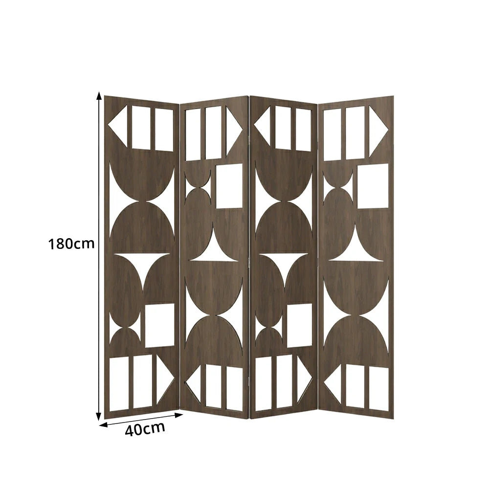 LIVARA 4 Panel Decorative Folding Screen Geometric Cutout Design Room Divider Privacy Partition Modern Style for Living Room Bedroom - Walnut