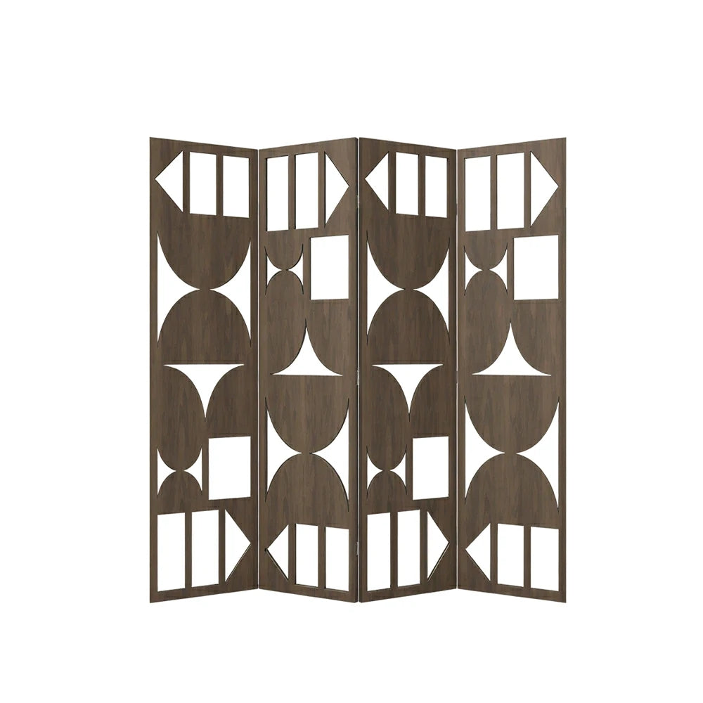 LIVARA 4 Panel Decorative Folding Screen Geometric Cutout Design Room Divider Privacy Partition Modern Style for Living Room Bedroom - Walnut