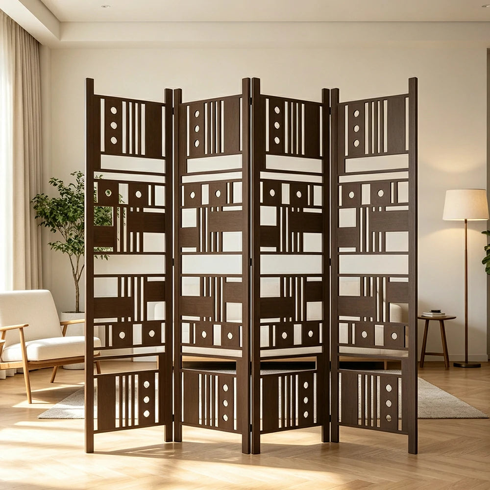 LIVARA 4 Panel Decorative Folding Screen Geometric Cutout Design Room Divider Privacy Partition Modern Art Style for Living Room Bedroom - Dark