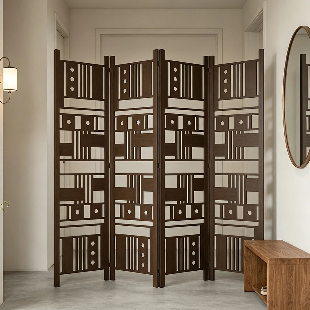 LIVARA 4 Panel Decorative Folding Screen Geometric Cutout Design Room Divider Privacy Partition Modern Art Style for Living Room Bedroom - Dark