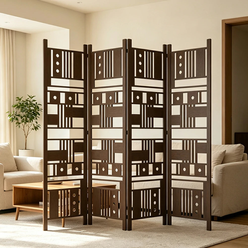 LIVARA 4 Panel Decorative Folding Screen Geometric Cutout Design Room Divider Privacy Partition Modern Art Style for Living Room Bedroom - Dark