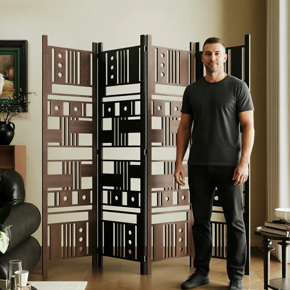 LIVARA 4 Panel Decorative Folding Screen Geometric Cutout Design Room Divider Privacy Partition Modern Art Style for Living Room Bedroom - Dark