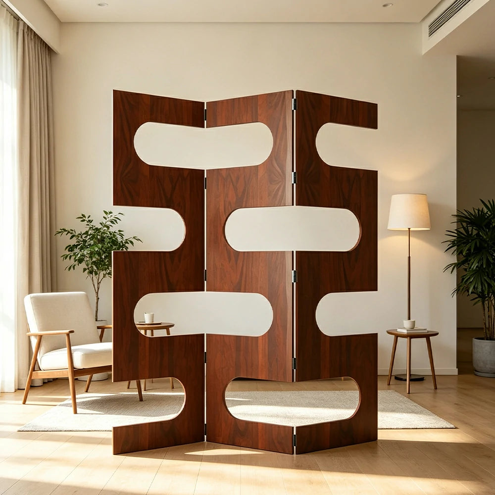 LIVARA 3 Panel Decorative Folding Screen Abstract Cutout Design Solid Wood Room Divider Privacy Partition for Living Room Bedroom - Walnut