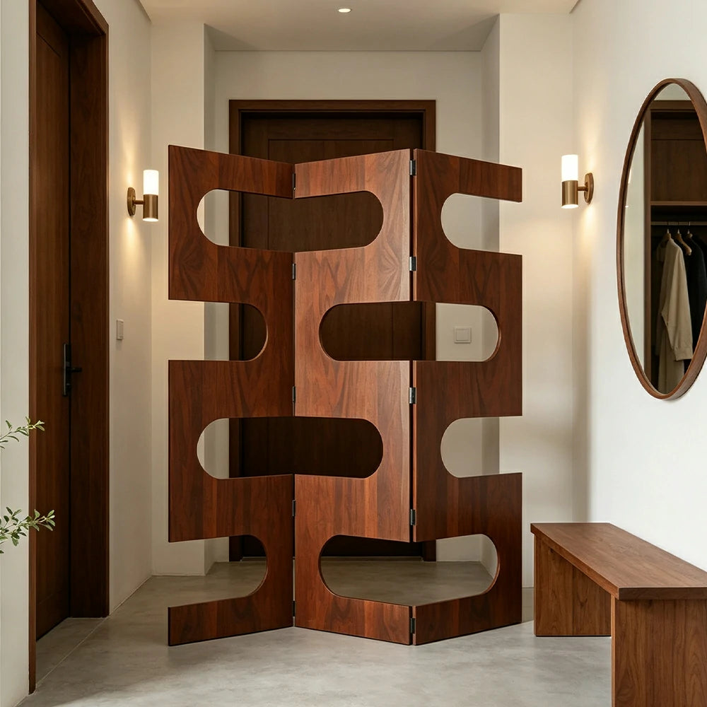 LIVARA 3 Panel Decorative Folding Screen Abstract Cutout Design Solid Wood Room Divider Privacy Partition for Living Room Bedroom - Walnut
