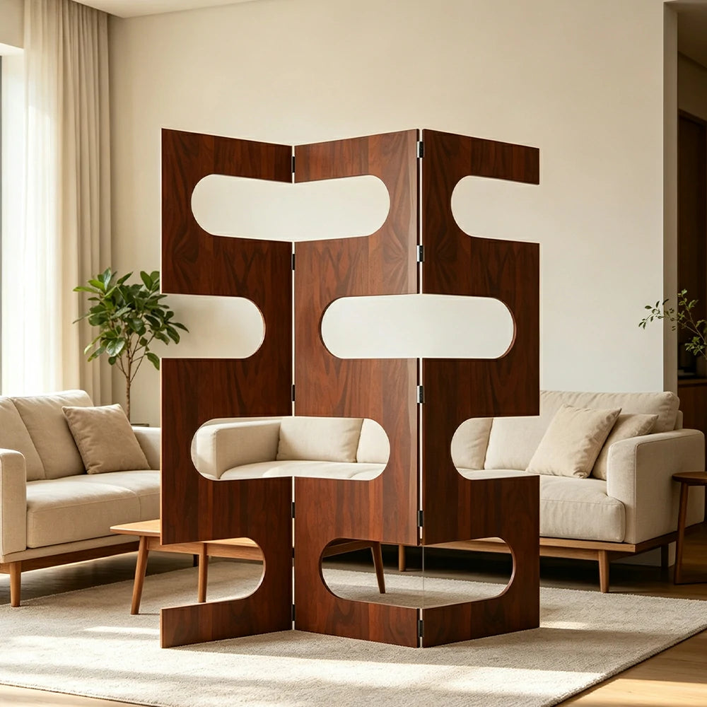 LIVARA 3 Panel Decorative Folding Screen Abstract Cutout Design Solid Wood Room Divider Privacy Partition for Living Room Bedroom - Walnut