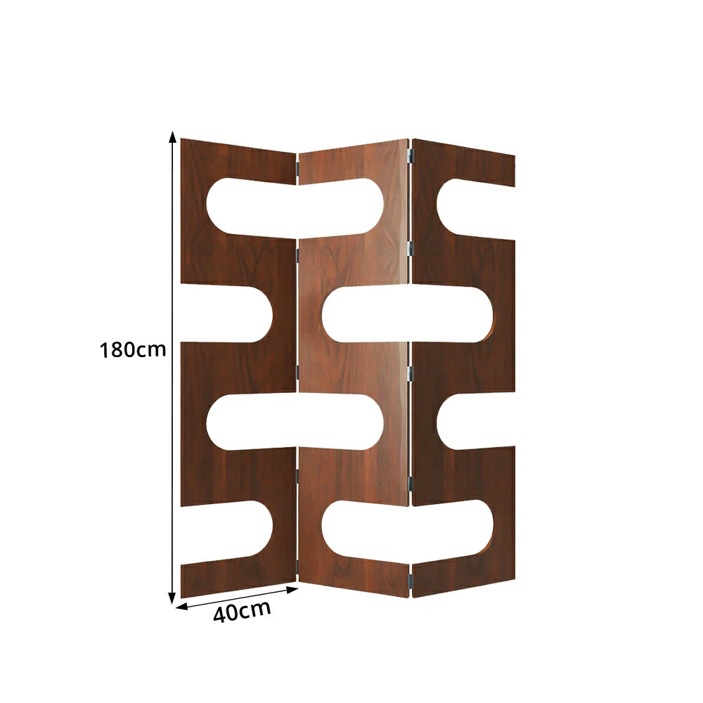 LIVARA 3 Panel Decorative Folding Screen Abstract Cutout Design Solid Wood Room Divider Privacy Partition for Living Room Bedroom - Walnut