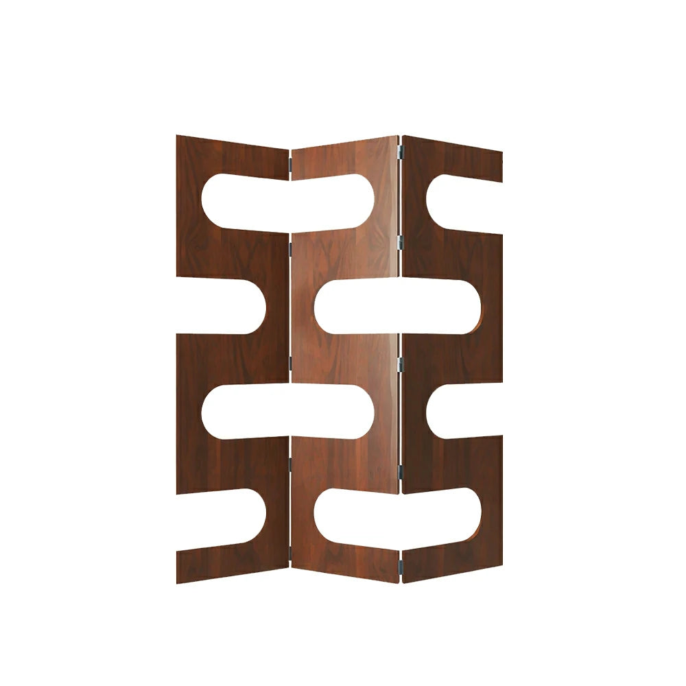 LIVARA 3 Panel Decorative Folding Screen Abstract Cutout Design Solid Wood Room Divider Privacy Partition for Living Room Bedroom - Walnut