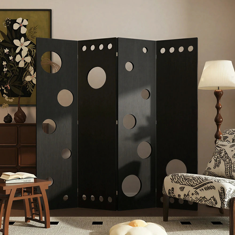 LIVARA 4 Panel Decorative Folding Screen Circle Cutout Design Room Divider Privacy Partition Modern Art Style for Living Room Bedroom - Black