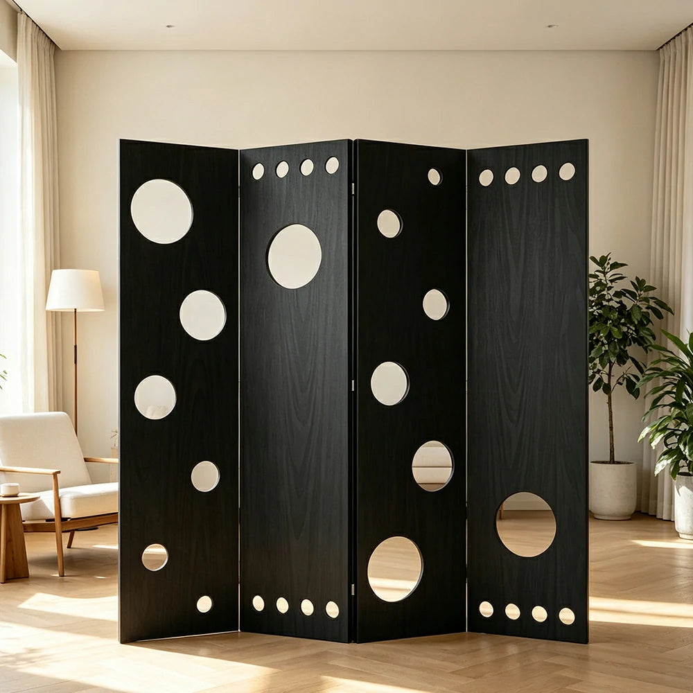 LIVARA 4 Panel Decorative Folding Screen Circle Cutout Design Room Divider Privacy Partition Modern Art Style for Living Room Bedroom - Black