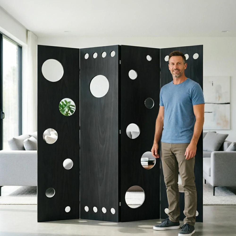 LIVARA 4 Panel Decorative Folding Screen Circle Cutout Design Room Divider Privacy Partition Modern Art Style for Living Room Bedroom - Black