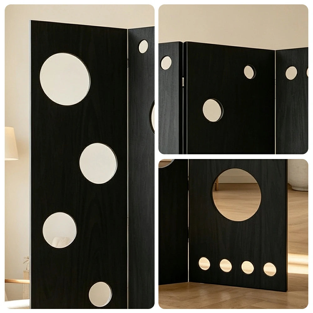 LIVARA 4 Panel Decorative Folding Screen Circle Cutout Design Room Divider Privacy Partition Modern Art Style for Living Room Bedroom - Black