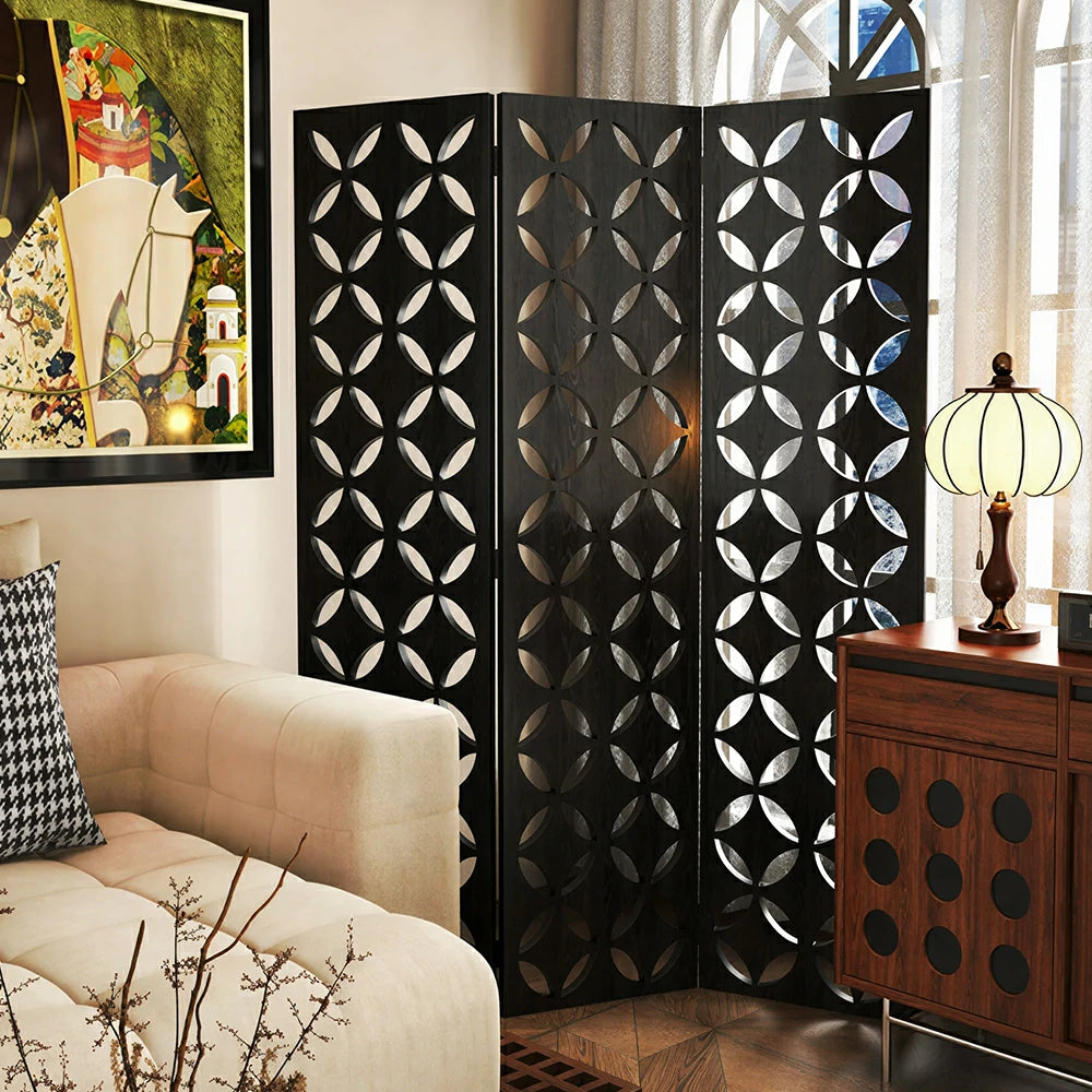 LIVARA 3 Panel Decorative Folding Screen Geometric Cutout Design Room Divider Privacy Partition Modern Art Style for Living Room Bedroom - Black