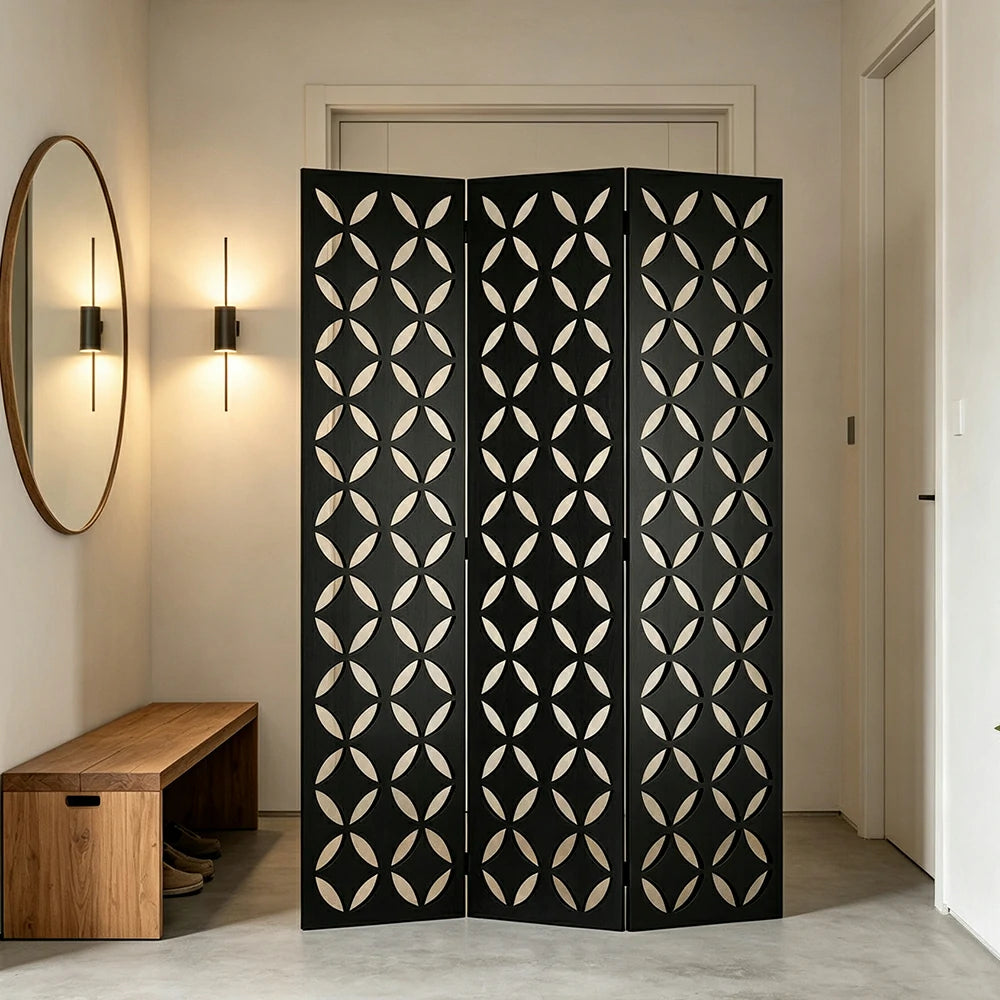 LIVARA 3 Panel Decorative Folding Screen Geometric Cutout Design Room Divider Privacy Partition Modern Art Style for Living Room Bedroom - Black