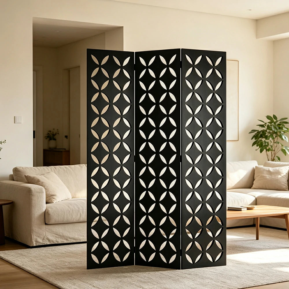 LIVARA 3 Panel Decorative Folding Screen Geometric Cutout Design Room Divider Privacy Partition Modern Art Style for Living Room Bedroom - Black