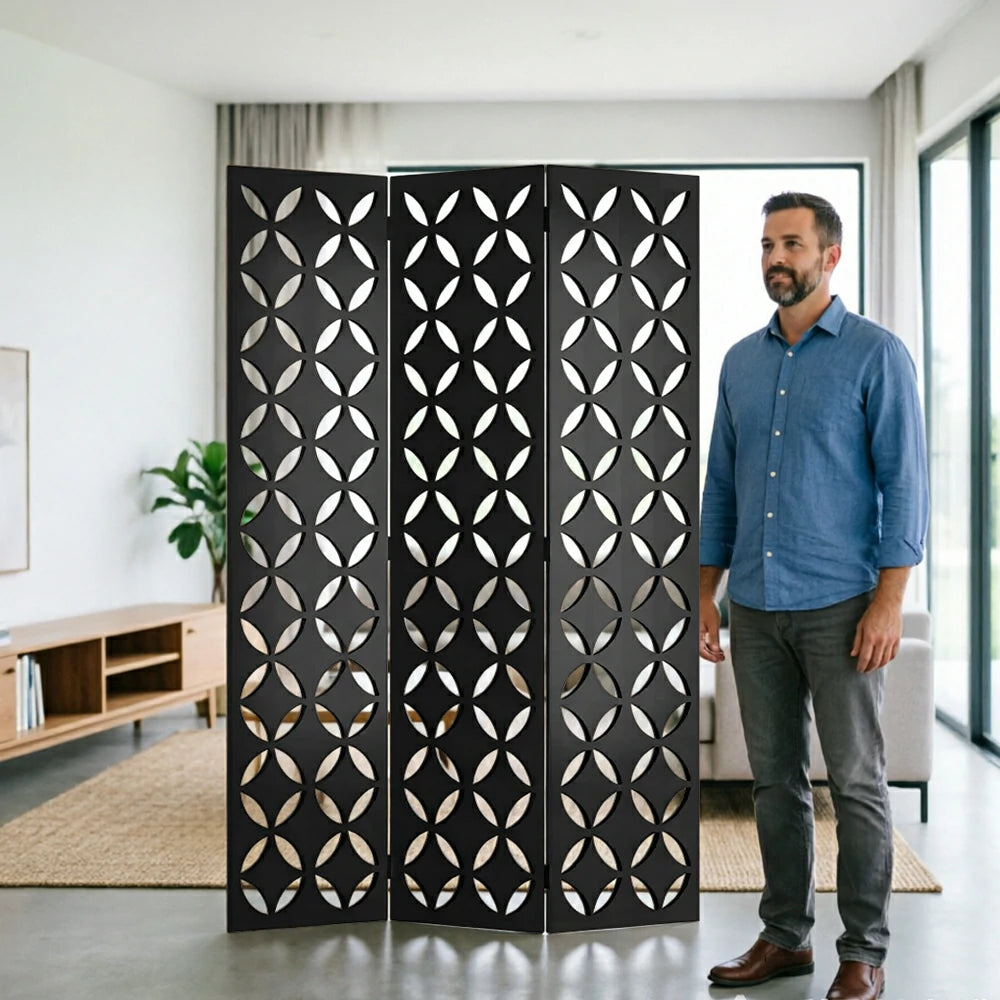 LIVARA 3 Panel Decorative Folding Screen Geometric Cutout Design Room Divider Privacy Partition Modern Art Style for Living Room Bedroom - Black