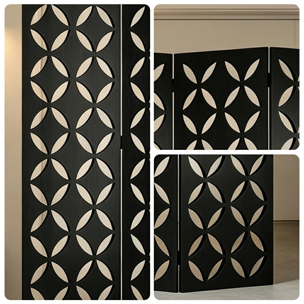 LIVARA 3 Panel Decorative Folding Screen Geometric Cutout Design Room Divider Privacy Partition Modern Art Style for Living Room Bedroom - Black