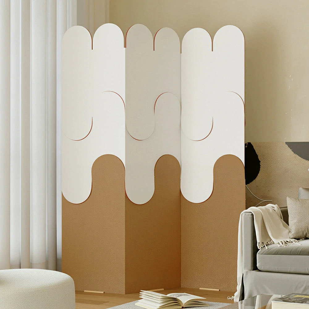 LIVARA 3 Panel Decorative Folding Screen Modern Arch Design Room Divider Privacy Partition Minimalist Style for Living Room Bedroom - Beige & Brown