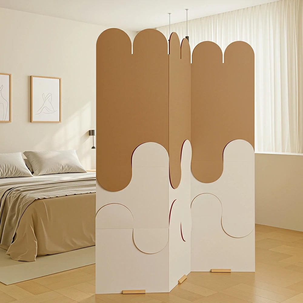 LIVARA 3 Panel Decorative Folding Screen Modern Arch Design Room Divider Privacy Partition Minimalist Style for Living Room Bedroom - Beige & Brown