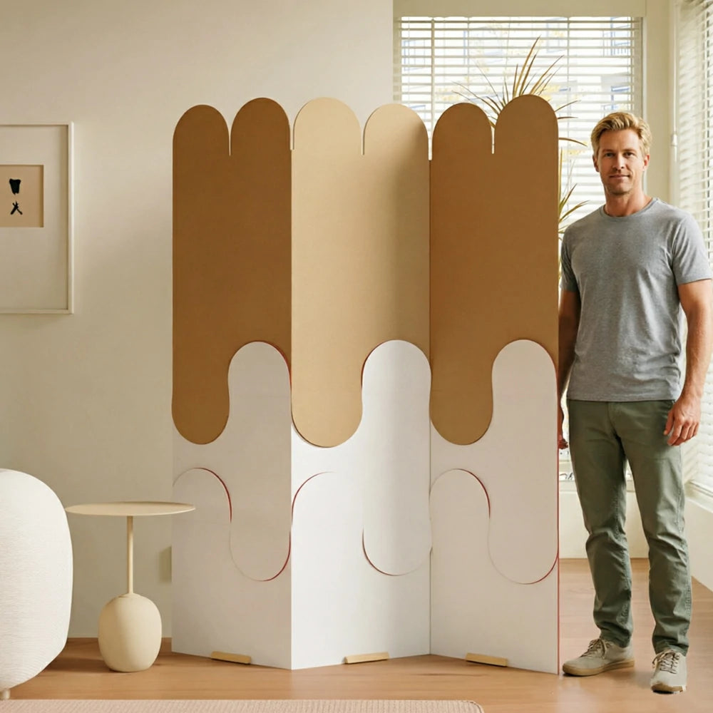 LIVARA 3 Panel Decorative Folding Screen Modern Arch Design Room Divider Privacy Partition Minimalist Style for Living Room Bedroom - Beige & Brown