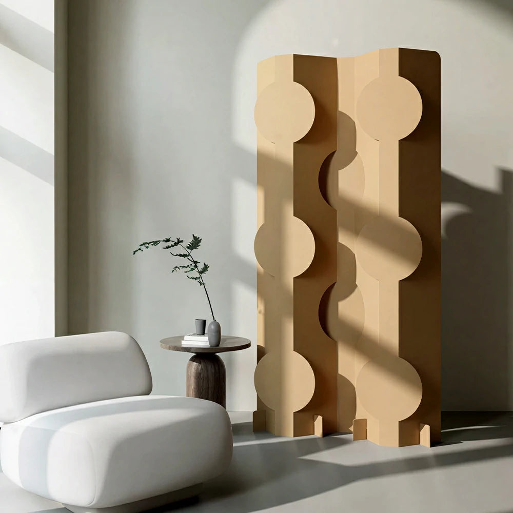 LIVARA Modular Corrugated Paper Folding Screen Geometric Circle Design Room Divider Decorative Partition Background Wall for Home Event - Beige